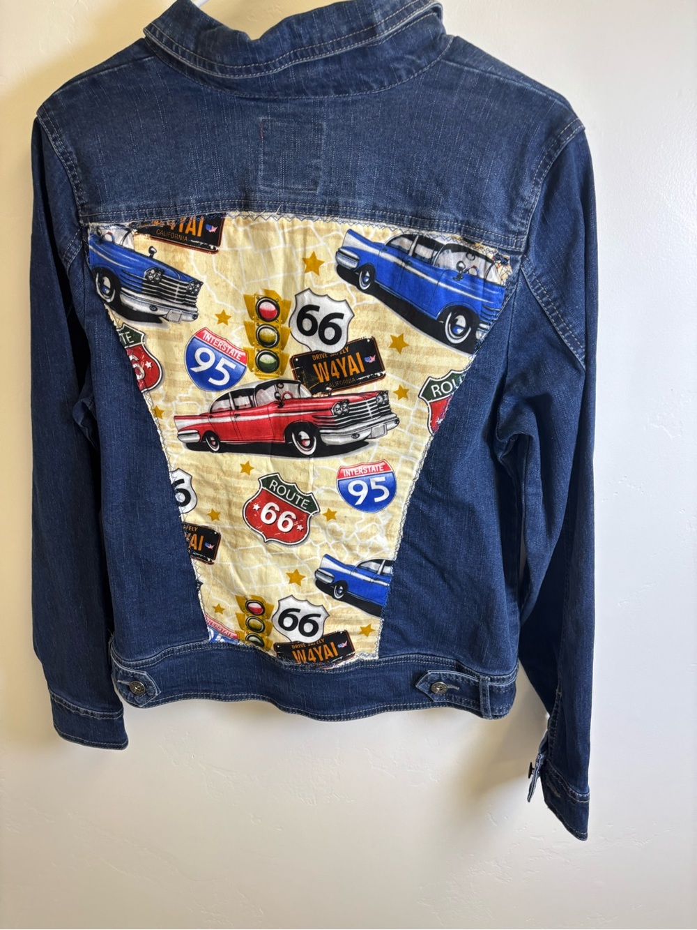 RETRO CAR BUFF JEANS DENIM JACKET WOMEN MEDIUM BLUE COTTON UNIQUE NOVELTY